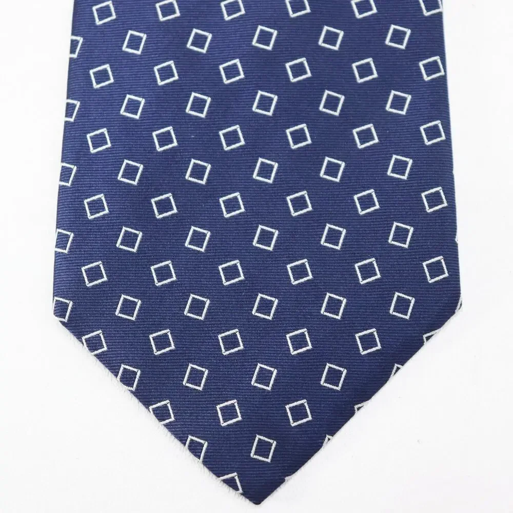 Lands End Tie Mens 62 in Navy Blue Silk Off Kilter Square Geometric Fun Wide